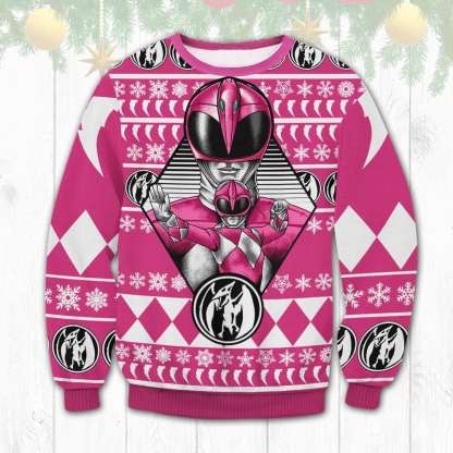 pink power rangers ugly christmas sweater 1 Pink Power Rangers Ugly Christmas Sweater - Image 1
