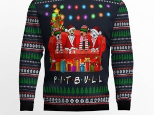 Pit Bull Friends On Red Sofa Ugly Christmas Sweater - Image 1