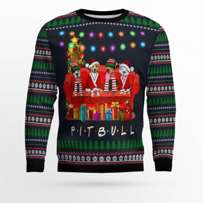 pit bull friends on red sofa ugly christmas sweater 1 Pit Bull Friends On Red Sofa Ugly Christmas Sweater - Image 1