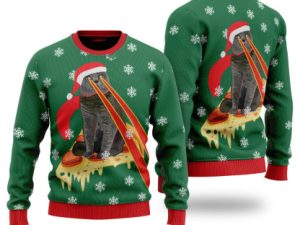 Pizza Cat With Laser Eyes Ugly Christmas Sweater - Image 1