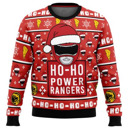 red ranger ho ho power rangers ugly christmas sweater 1 Red Ranger Ho Ho Power Rangers Ugly Christmas Sweater - Image 1