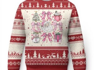 Retro Santa Claus Pink Coquette Bow Ugly Christmas Sweater Festive Xmas Vibe - Image 1