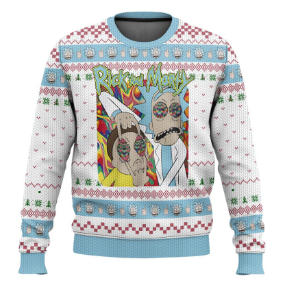 rick and morty in mushroom tripping ugly christmas sweater 1 Rick And Morty In Mushroom Tripping Ugly Christmas Sweater - Image 1