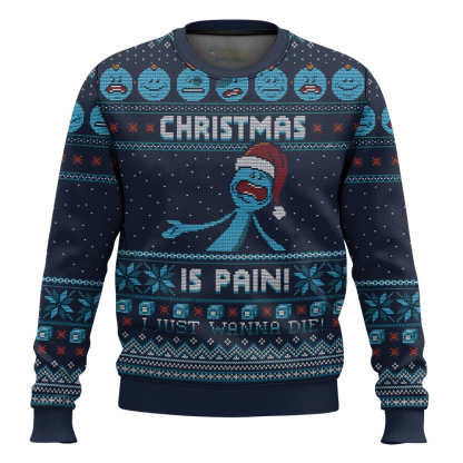 rick and morty mr meeseeks christmas is pain ugly christmas sweater 1 Rick And Morty Mr Meeseeks Christmas Is Pain Ugly Christmas Sweater - Image 1