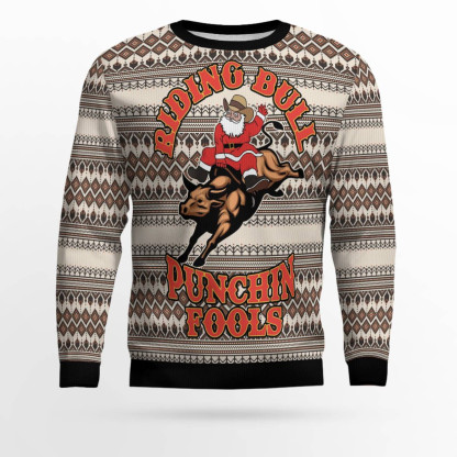 riding bulls punchin fools ugly christmas sweater 1 Riding Bulls Punchin Fools Ugly Christmas Sweater - Image 1