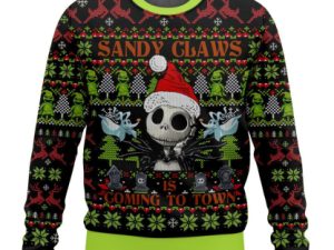 Sandy Claws Is Coming To Town Jack Skellington Ugly Christmas Sweater - Image 1