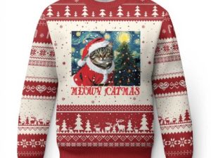 Santa Cat Xmas Ugly Christmas Sweater Meowy Catmas Starry Night Christmas Tree - Image 1