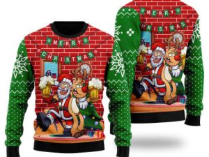 Santa Drink Beer With Reindeer Funny Ugly Christmas Sweater - Image 1