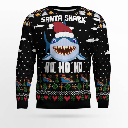santa shark ho ho ho ugly christmas sweater 1 Santa Shark Ho Ho Ho Ugly Christmas Sweater - Image 1