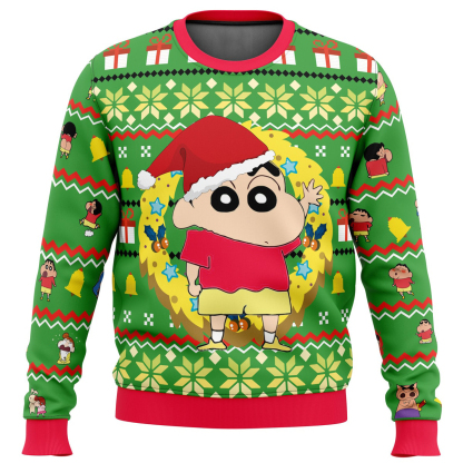 santa shinnosuke crayon shin chan ugly christmas sweater 1 Santa Shinnosuke Crayon Shin Chan Ugly Christmas Sweater - Image 1