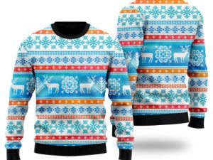 Santas Reindeer Blue Pattern Ugly Christmas Sweater - Image 1