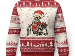 Skeleton Ugly Christmas Sweater Dead Inside But Caffeinated Coffee Addict Xmas - Image 1