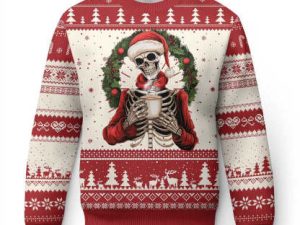 Skeleton Ugly Christmas Sweater Dead Inside But Caffeinated Coffee Lover Xmas Vibe - Image 1