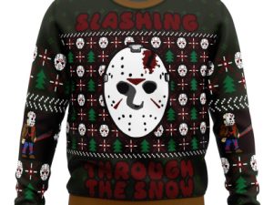 Slashing Through The Snow Jason Voorhees Ugly Christmas Sweater - Image 1