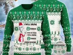 Starbucks Cat Hat Will Drink Everywhere Ugly Christmas Sweater - Image 1