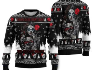 Sugar Skull From Our First Kiss Till Our Last Breath Ugly Christmas Sweater - Image 1