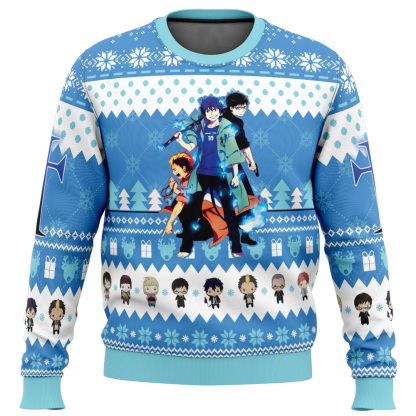 the trio blue exorcist ugly christmas sweater 1 The Trio Blue Exorcist Ugly Christmas Sweater - Image 1