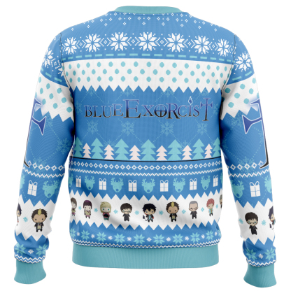 the trio blue exorcist ugly christmas sweater 2 The Trio Blue Exorcist Ugly Christmas Sweater - Image 2