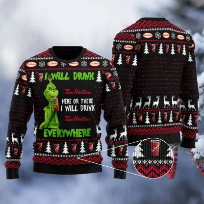 tim hortons will drink everywhere ugly christmas sweater 1 Tim Hortons Will Drink Everywhere Ugly Christmas Sweater - Image 1
