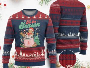 Tis The Season Xmas Ugly Christmas Sweater Groovy Retro Gingerbread Hot Cocoa - Image 1