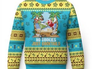 Tropical Xmas Ugly Christmas Sweater No Cookies Just Cocktails Drunk Santa Reindeer - Image 1