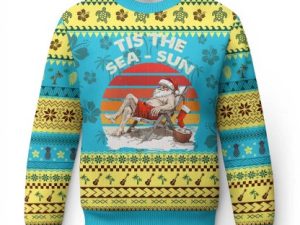 Tropical Xmas Ugly Christmas Sweater Tis The Sea Sun Santa At The Beach - Image 1