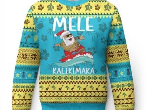 Ugly Christmas Sweater Mele Kalikimaka Hawaii Surfing Santa Tropical Beach - Image 1