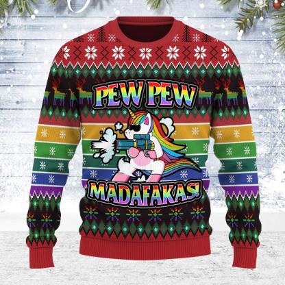unicorn lgbt pew pew ugly christmas sweater 1 Unicorn Lgbt Pew Pew Ugly Christmas Sweater - Image 1