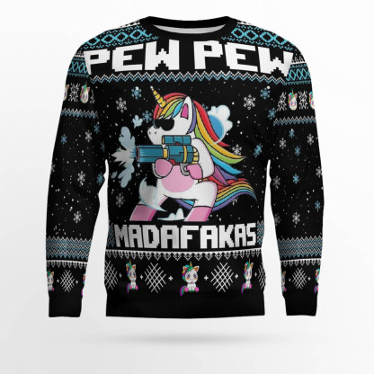 unicorn pew pew ugly christmas sweater 1 Unicorn Pew Pew Ugly Christmas Sweater - Image 1