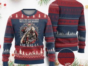Viking Ugly Christmas Sweater Deck The Halls With Skulls And Bodies Valhalla - Image 1