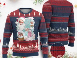 Vintage Xmas Ugly Christmas Sweater Pink Santa Claus Ho Ho Ho - Image 1