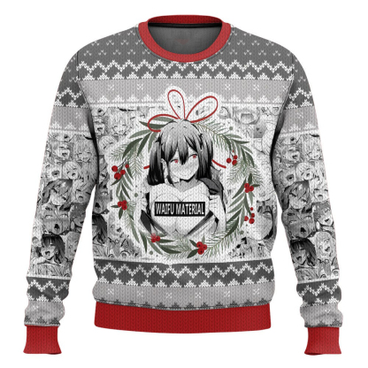 waifu material ugly christmas sweater 1 Waifu Material Ugly Christmas Sweater - Image 1