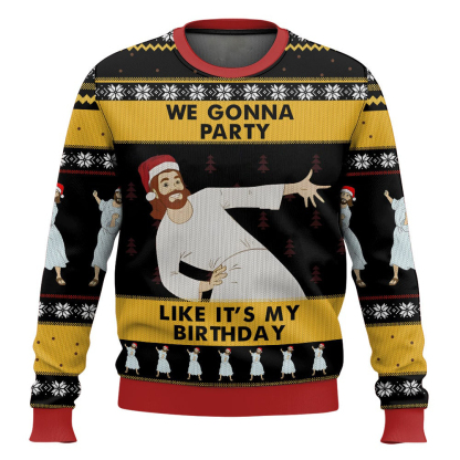 we gonna party like its my birthday jesus ugly christmas sweater 1 We Gonna Party Like Its My Birthday Jesus Ugly Christmas Sweater - Image 1