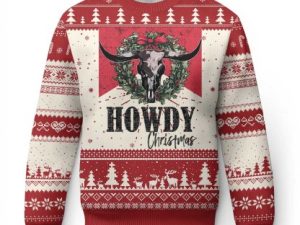 Western Xmas Ugly Christmas Sweater Howdy Christmas Cow Skull Xmas Wreath - Image 1