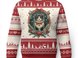 Xmas Cat Ugly Christmas Sweater Vintage Kitten Royal Holly Victorian Wreath - Image 1