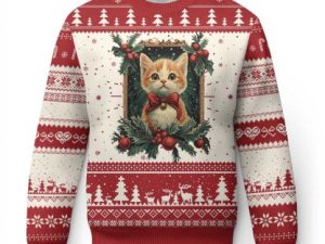 Xmas Cat Ugly Christmas Sweater Vintage Kitten Royal Victorian Holly Wreath - Image 1