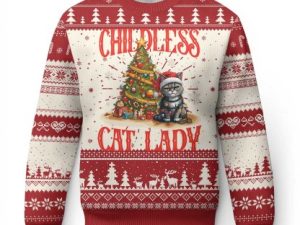 Xmas Childless Cat Lady Ugly Christmas Sweater Funny Cat Christmas Light Tree - Image 1