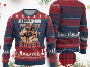 Xmas Cowboy Ugly Christmas Sweater Vintage Jingle Horse Rodeo Funny Howdy Western - Image 1
