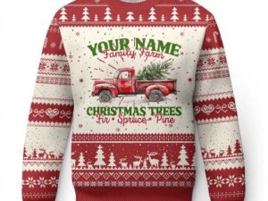Xmas Family Ugly Christmas Sweater Custom Name Family Farm Xmas Trees Vintage Truck - Image 1