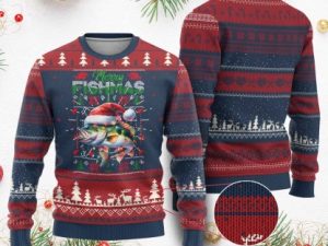 Xmas Fishing Ugly Christmas Sweater Merry Fishmas Fisherman Santa Hat Fish - Image 1