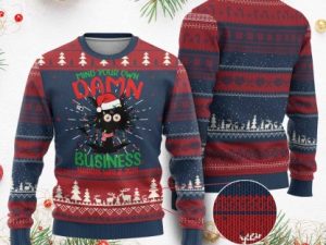 Xmas Harris Walz Ugly Christmas Sweater Funny Santa Cat Mind Your Own Damn Business - Image 1
