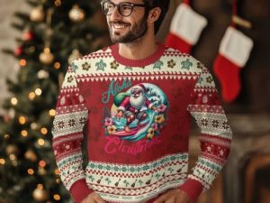 Xmas In Hawaii Ugly Christmas Sweater Aloha Christmas Santa Surfing Hibiscus Flower - Image 1