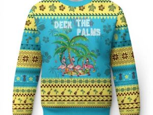 Xmas In Hawaii Ugly Christmas Sweater Deck The Palms Firework Flamingo - Image 1