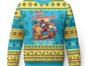Xmas In Hawaii Ugly Christmas Sweater From The Land Where Palm Trees Sway Surfing Santa - Image 1