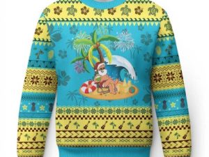 Xmas In Hawaii Ugly Christmas Sweater Palm Tree Firework Santa At Beach Drinking Coconut - Image 1