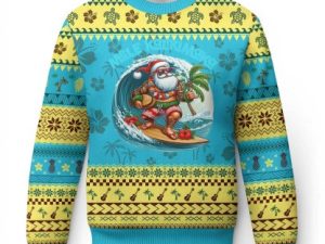 Xmas In Hawaii Ugly Christmas Sweater Santa Surfing Hibiscus - Image 1