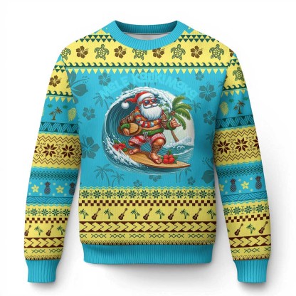 xmas in hawaii ugly christmas sweater santa surfing hibiscus 1 Xmas In Hawaii Ugly Christmas Sweater Santa Surfing Hibiscus - Image 1