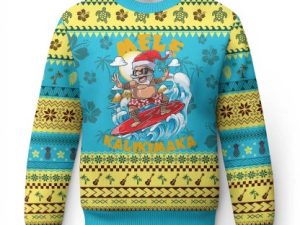 Xmas In Hawaii Ugly Christmas Sweater Surfing Santa Kakau Tattoo - Image 1