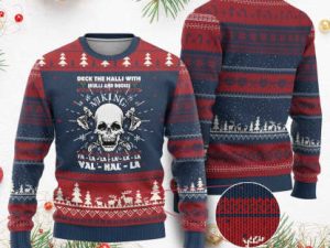 Xmas Viking Valhalla Ugly Christmas Sweater Deck The Halls With Skulls And Bodies - Image 1