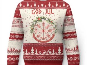 Yule Pagan Ugly Christmas Sweater God Jul Christmas Nordic Vegvisir Wreath - Image 1